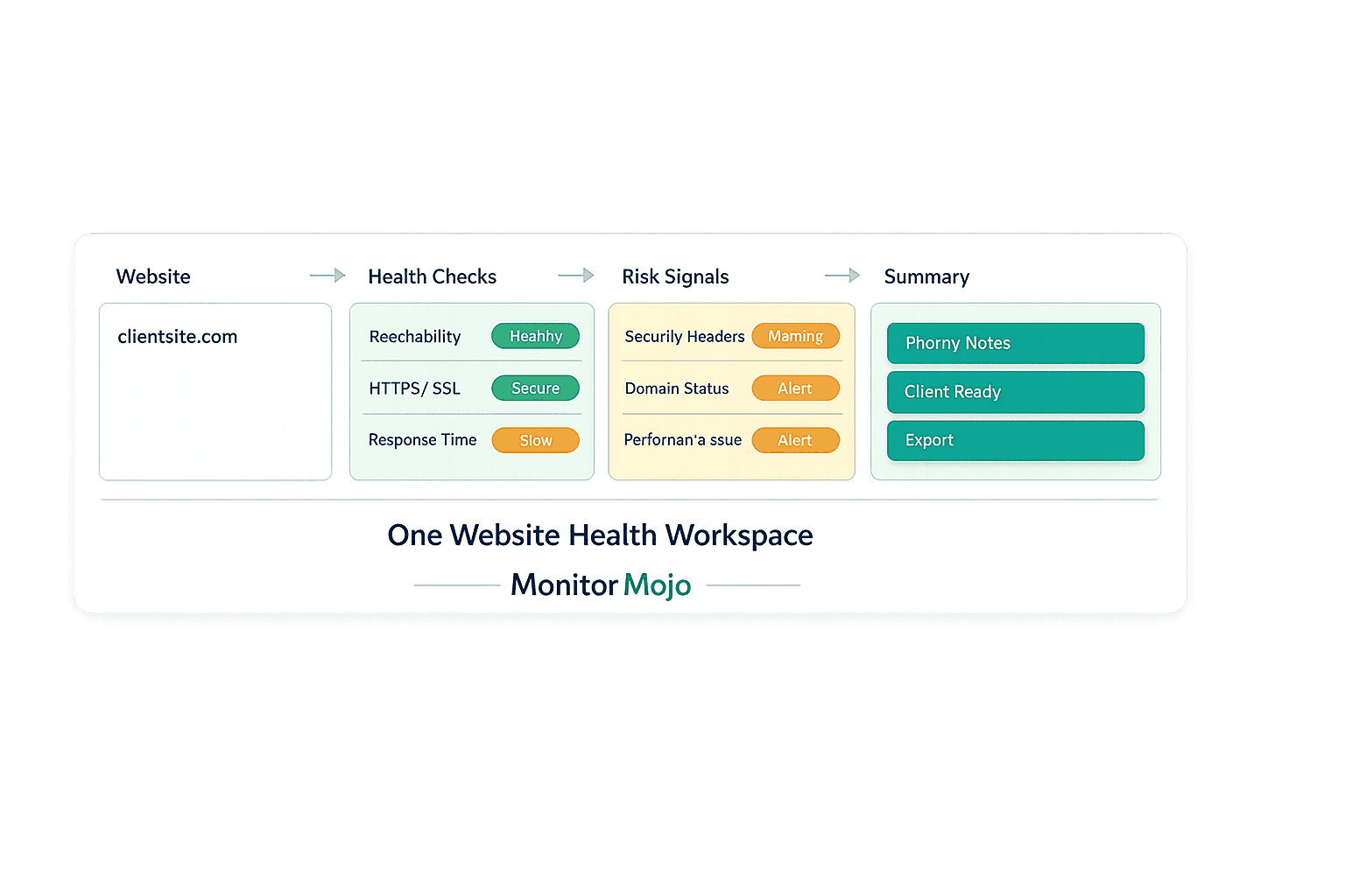 MonitorMojo website health workspace showing checks risk signals and client summary